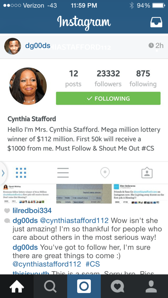 Cynthia Stafford Social Media Scam